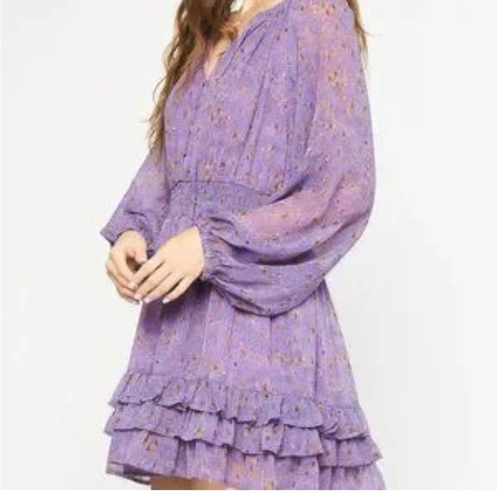 Entro Size Medium Floral Ruffle Long Sleeve Purple Dress - Picture 2 of 12